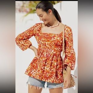 Anthropologie Love The Label Floral Tie- Back Blouse Size M Orange and Fuchsia.